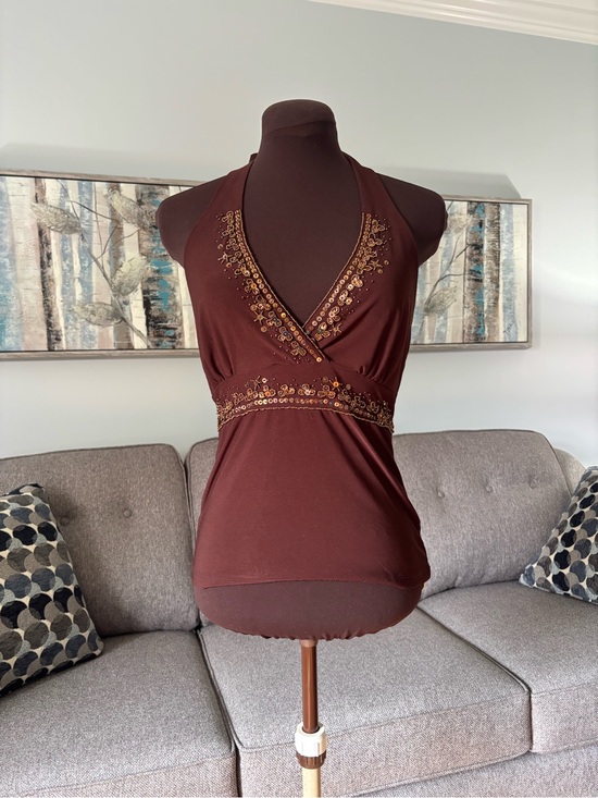 Vintage Tops - Vintage Brown Halter Tank Top with Gold Embellishment